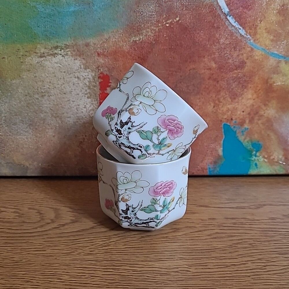 Set of 2 Otagiri Ming Garden Pattern Floral Tea Cups Made in Japan - 2.5" Tall